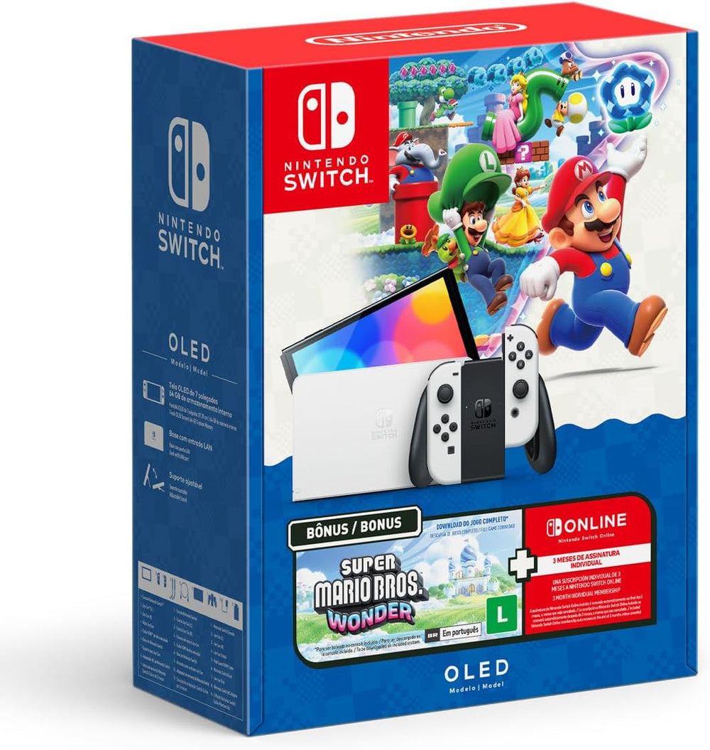 Console Nintendo Switch OLED Bundle com Super Mario Bros. Wonder e 3 Meses de Assinatura Nintendo Switch Online