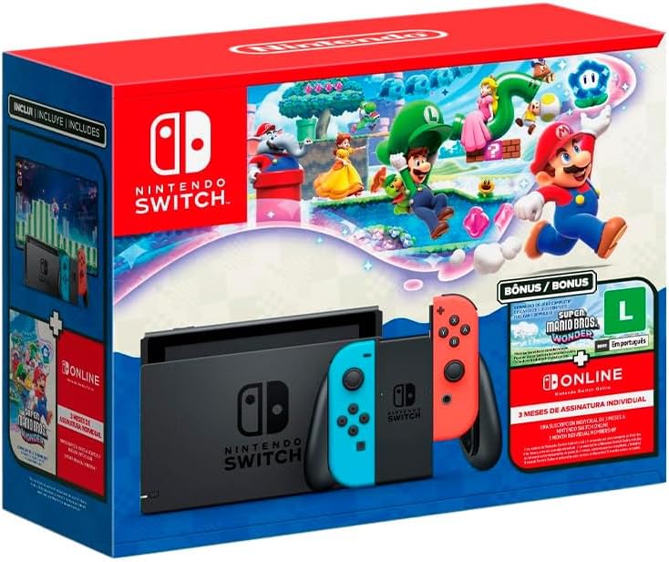 Console Nintendo Switch Bundle com Super Mario Bros. Wonder e 3 Meses de Nintendo Switch Online